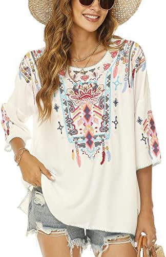 Vakakado Bohemian Mexican Embroidered Tops for Women Traditional Boho Peasant Shirts 3/4 Sleeve V Neck White Womens Casual Hippie Clothing Tunic Blouse