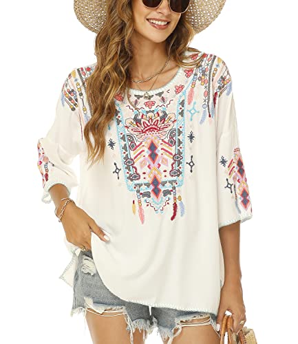 Vakakado women's summer Bohemian shirt Boho embroidery loose blouses Tops embroidered tunic Folklore Blouse women Tops(438,white,XL)