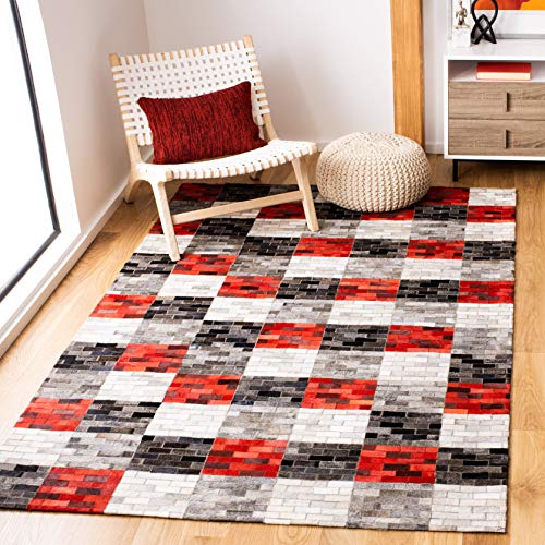 SAFAVIEH Studio Leather Collection Accent Rug - 3' x 5', Grey & Red, Handmade Mid-Century Modern Leather, Ideal for High Traffic Areas in Entryway, Living Room, Bedroom (STL403A)