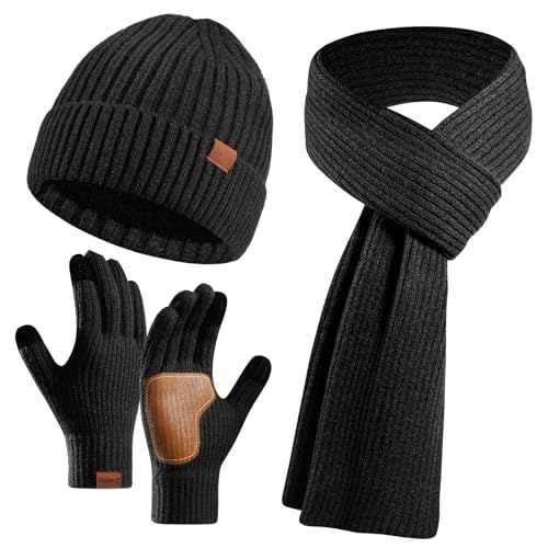 Ensemble bonnet écharpe gants homme femme tricot doublé polaire pour hiver froid