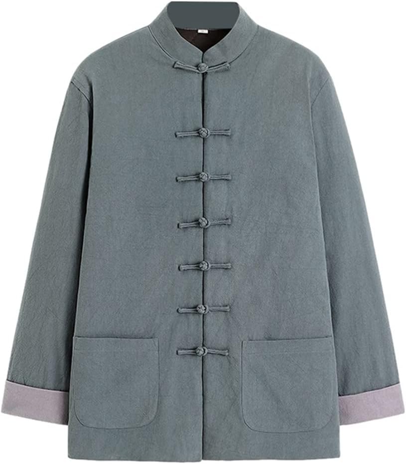 AshiLD Winter Thick Tang Suit Men Warm Cotton Linen Tai Chi Uniform Chinese Kung Fu Uniform Jacket Long Sleeved for Seniors (Green 3X)