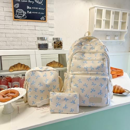 Bow Backpack for Women Coquette Aesthetic Nylon Rucksack Cute Kawaii Backpack 3Pcs Set With Bow Pattern (White Blue)4
