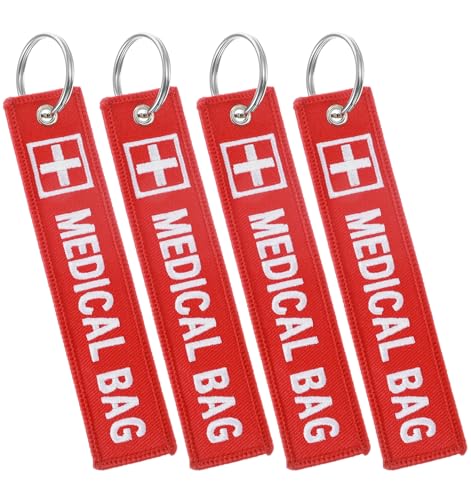 4 Pcs Medical Bag Tag, Double-Sided Medical Equipment Tag for Luggage & Backpack, Durable Red ID Keychain with Medicals Alert Information