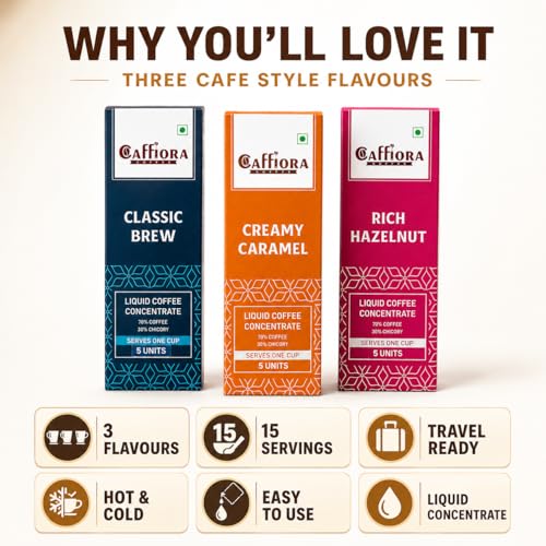 Image of Caffiora Liquid Coffee Concentrate | Triple Flavour Combo | Classic Brew + Creamy Caramel + Rich Hazelnut | 15 Sachets (3 x 5 x 20ml) | Instant Coffee | Sugar Free | Hot & Cold