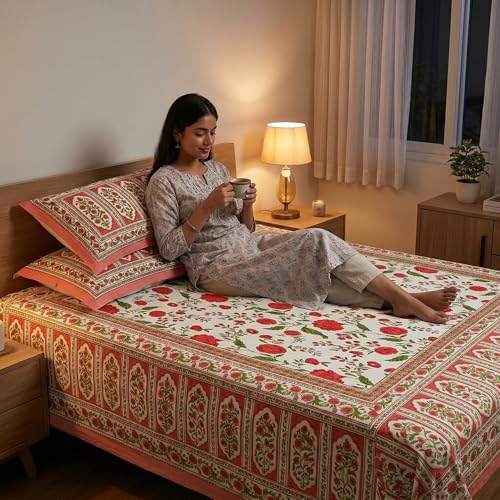 Image of Mafatlal 144 TC Heritage 100% Pure Cotton Jaipuri Bedsheet with Pillow Covers(90x108 inches) | Soft & Breathable Fabric | Traditional Floral Print | Color Burst