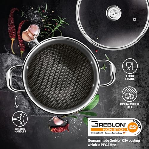 Image of MILTON Pro cook Induction Cookware & Gas Stove Friendly Triply Hexa Tech Stainless Steel Kadai with Glass Lid 26 cm | 3 Layer Heavy Bottom Kadhai for Cooking | Easy to Clean | 3 Years Warranty