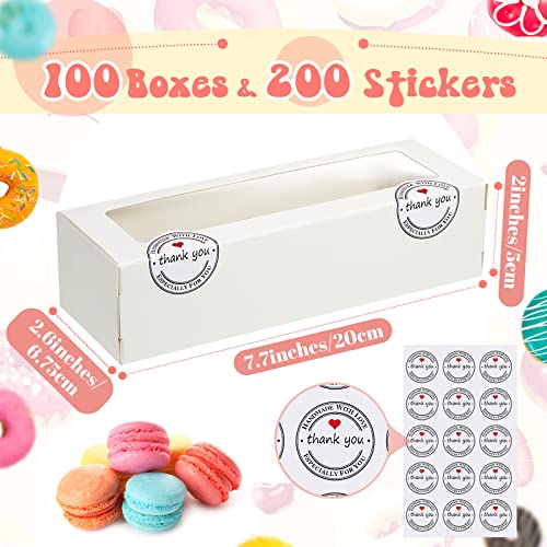 Sherr 100 Pcs Macaron Boxes With Window White Macaron Gift Box With 200 Pcs Stickers Long Baking Boxes Rectangle Treat Boxes For Desserts Macaroon Pastry Packaging Container For Cookies Chocolate #TOP1