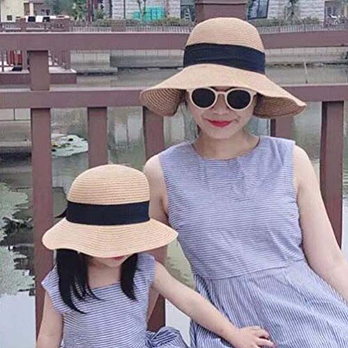 Chapéu de palha FENICAL para pais e filhos, chapéu de praia com laço para o verão ao ar livre (cáqui