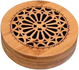 Bamboo Incense Holder Box with Carved Pattern, Round and Square Design, Natural Wood, 3.74x3.74x0.95 Inch, for Crystal Cleansing and Aromatherapy (C)