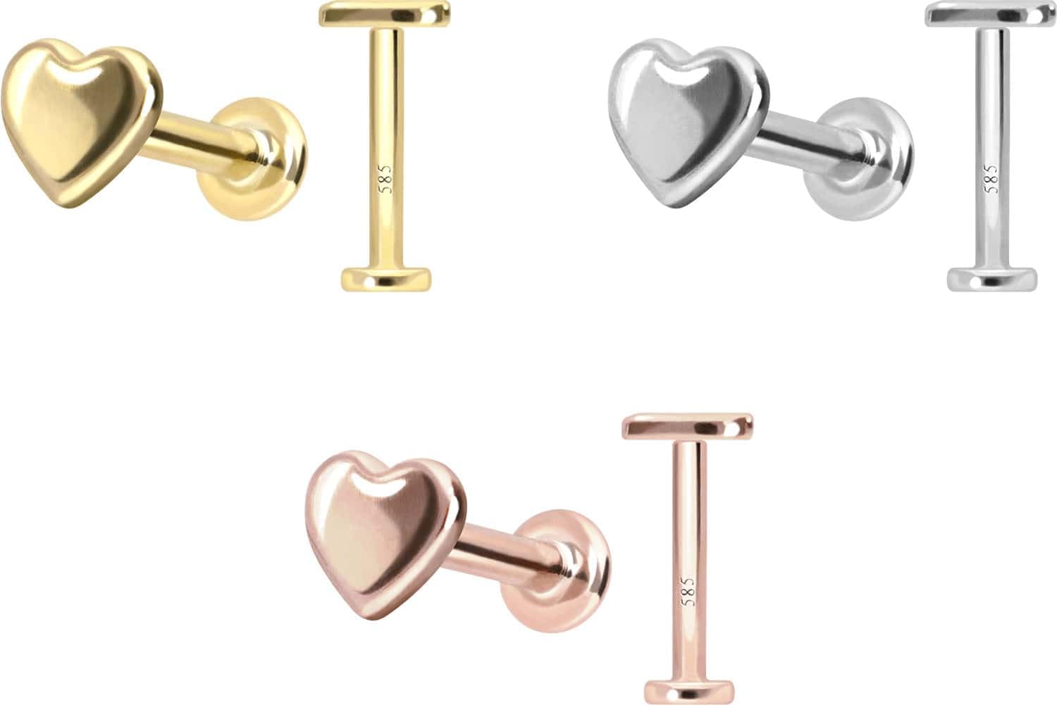 PIERCINGLINE Piercing Stecker 14 Gold Labret mit Push Fit HERZ 585er Gold - Roségoldfarben, Goldfarben, Silberfarben