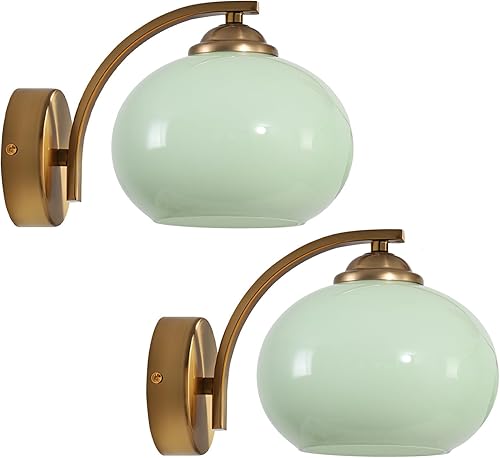 Miniatura 12 de Aplique de Pared de Cristal Lechoso Aplique de Pared Dorado Cepillado Luces de Tocador Globo Apliques Juego de 2 Apliques de Pared de Mediados de