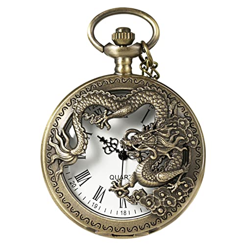MORFONG Vintage Taschenuhr Quarz Taschenuhr mit Halskette Drachen Design Taschenuhr Antik Uhr für Männer Frauen Vater Opa Geburtstag Jahrestag Cover
