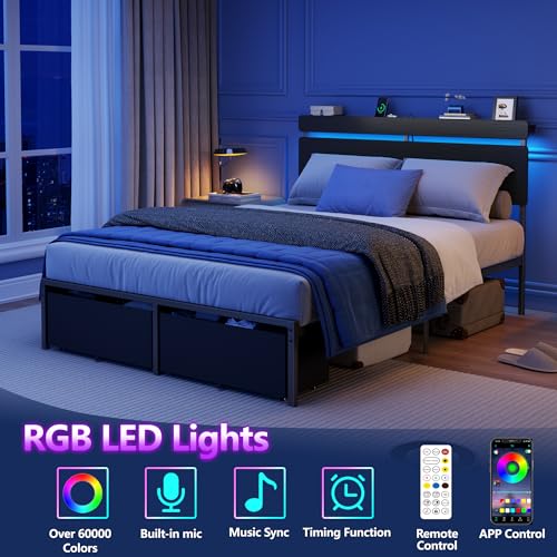 Image of Forestell Full Size Bed Frame with Wood Headboard, Black Platform Bed with 2 Storage Drawers & Shelf, Built in Charging Station & LED Lights, Metal Support, No Box Spring Needed, Camas Full