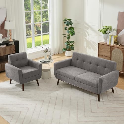 Kingfun Living Room Furniture Sets, Loveseat & Accent Chair, Mid Century Modern Decor Sofa Couches, Button Tufted Upholstered Furniture, Gray