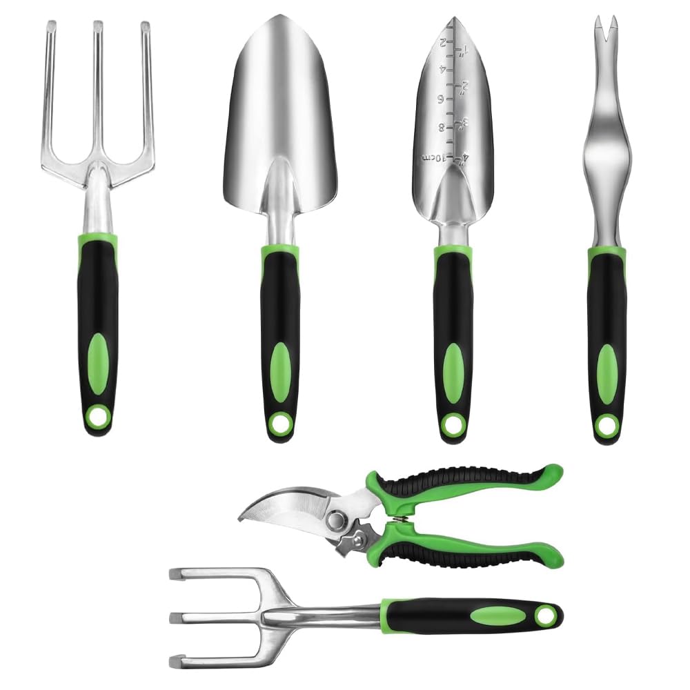 ALLSOLA Garden Tools Kits, 6 Pieces Heavy Duty Gardening Hand Tools Kit with Garden Trowel/Pruning Shears/Rake/Vertical Weeder/Weeding Fork, Planting Tools for Courtyard Balcony Patio Outdoor