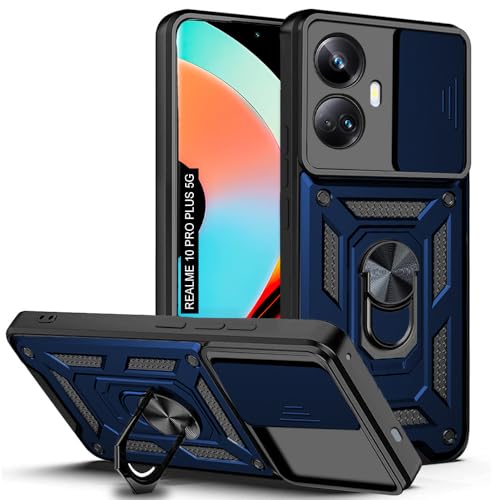 Image of AESTMO Tough Armor Realme 10 Pro Plus 5G Bumper Back Case Cover | Ring Holder & Sliding Camera Shield Cover | 360 Degree Protection Back Case Cover for Realme 10 Pro Plus 5G (Blue)