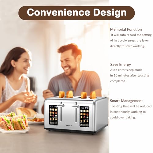Mecity 4 Slice Toaster with Touch Screen Control, 4 Wide Slots, Stainless Steel Smart Bread Toaster for Bagels, Muffins, Waffles, Dual Control Panel, Timer, Defrost, Reheat, 120V 1650W by Mecity - Image 5
