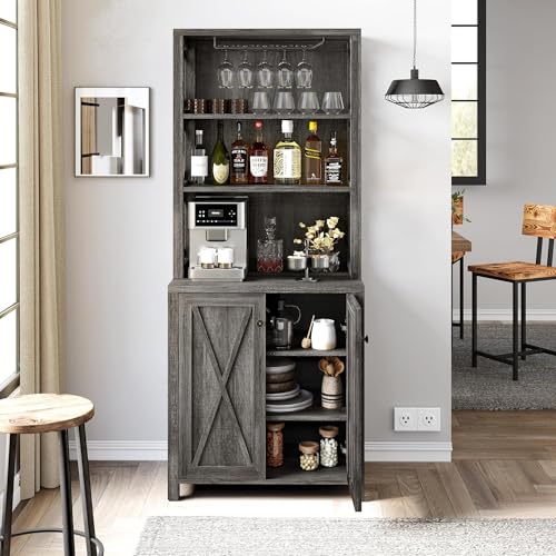 DWVO-67-Tall-Wine-Bar-Cabinet-for-Liquor-and-Glasses-Farmhouse-Kitchen-Cabinet-Coffee-Bar-with-Adjustable-Shelves-Open-Storage-Shelves-Buffet-Kitchen-Cabinet-for-Dinning-Room-Kitchen-Dark-Grey DWVO 67 Tall Wine Bar Cabinet for Liquor and Glasses Farmhouse Kitchen Cabinet Coffee Bar with Adjustable Shelves Open Storage Shelves Buffet Kitchen Cabinet for Dinning Room Kitchen Dark Grey