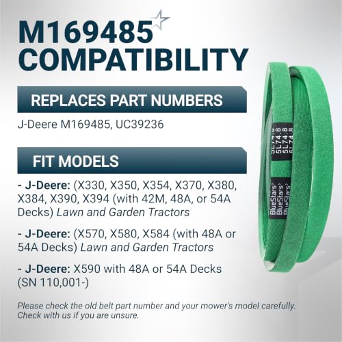 Image of [Upgraded Grip120] BlueStars M169485 Mower Primary Deck Belt | 5 /8 inch x 74.8 inch | Aramid Cord Primary Deck Belt for John Deere X330 X350 X354 X370 X380 X390 X394, X570 X580 X584 X590 Lawn Tractors /Mowers