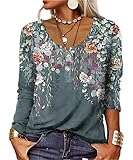 GRMLRPT T Shirt col V Blouses à Manches Longues pour Femmes Imprimé Tunique Tops Lâche Chemisier T Shirts pour Femmes Sweat Shirt Tuniques Basiques Haut Automne(Vert,XL)