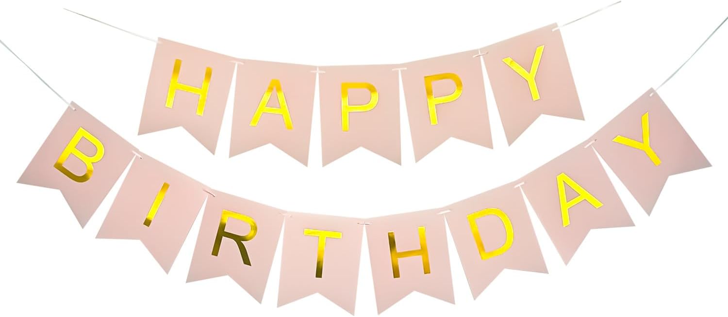 Light Pink Happy Birthday Banner With Gold Letters Party (7.8"x 6.3")