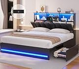 AOGLLATI Queen Bed Frame with Stylish Bookcase Headboard & Charging Station & LED Lights,Queen Size Bed Frame with 4 Drawers, Leather Led Bed Frame with Metal Slats, No Box Spring Needed,Black