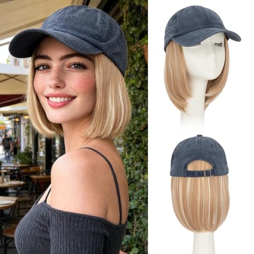 Benehair Hat Wig Extensions, Baseball Cap with Synthetic Hair Attached, Adjustable Wig Hairpieces for Women Daily Outdoor, 6 Inch Short Straight Blonde Mix White Hair with Navy Blue Cap