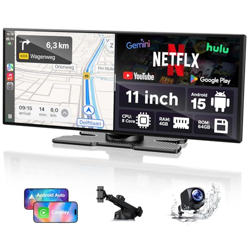 LAMTTO 11 Zoll Wireless CarPlay Android Auto Display mit Gemini AI Android 15 Autoradio 8-Kern 4+64GB G00gle Play App Download Net-Flix YouTube Bluetooth 1080P Rückfahrkamera Online- und Offline-GPS