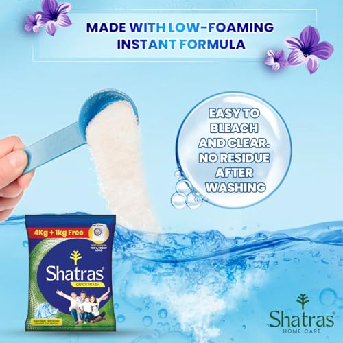 Image of Shatras Quick Wash Detergent Powder- 4 Kg+1 Kg Free Pack |Enhanced Super Soak Technology For Deep Cleaning| Ideal For Top Load & Front Load Machines |Gentle On Fabrics & Tough On Stains
