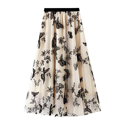 Women Tulle Tutu Skirt Elastic High Waist Layered Skirt Floral Print A-Line Mesh Swing Midi Skirt Cover