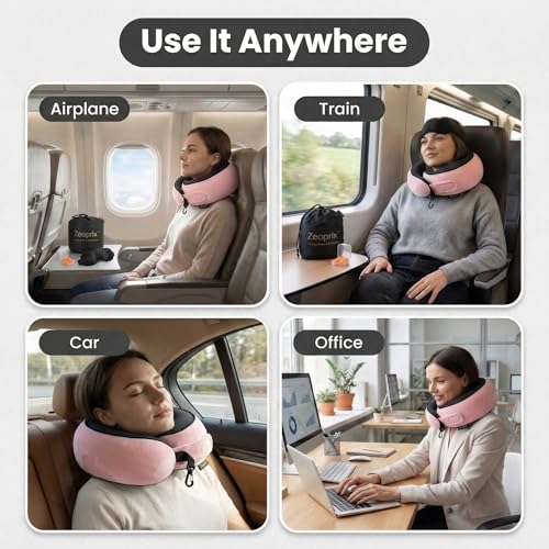 Image of Travel Neck Pillow for Airplane, Memory Foam 360 Wrap Around Neck Support for Sleeping on Long Flights, Washable Cover with Adjustable Fit, Eye Mask & Earplugs, Portable for Car & Office