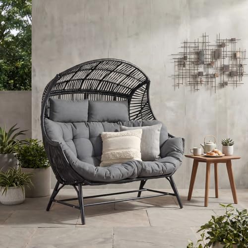 IRONCK 2 Person Egg Chair Indoor Outdoor, Double Lounge Chair, Update Frame, Cushions and Headrests, 700 lbs Egg Loveseat for Garden, Porch, Living Room, Gray