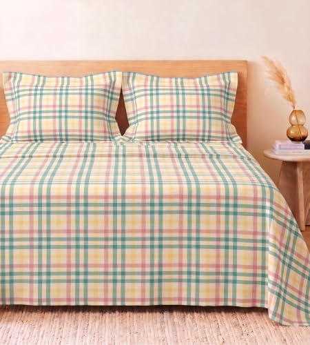 Image of BSB HOME 240 TC Cotton Feel Bedsheet with 2 Pillow Covers, Soft & Breathable Printed Double Bed Sheet for Bedroom, Fade Resistant & Easy Care - 90 x 100 Inches (228 x 254 cm) - Pastel Multi Plaid