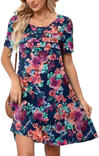 Heymoments Women's Short Sleeve Crewneck Sundress Summer Casual A-Line Midi Dress with Pockets S-2XL