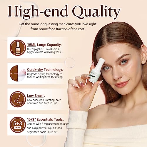 Azurebeauty 5+3 Pcs Dipping Powder Liquid Set- 15Ml Large Capacity Dip Powder Base & Top, Bond, Activator, Brush Saver For Dip Powder Nail Kit No Nail Lamp Needed (0.5Oz) #TOP5