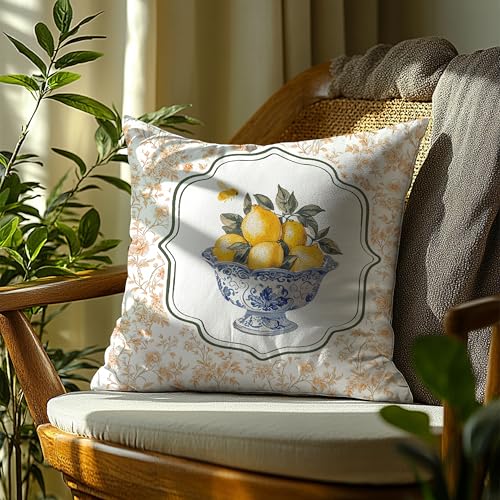 Image of Chinoiserie Lemon Summer Pillow Cover 18x18,Cottagecore Lemon Home Decor,Rustic Farmhouse Botanical Fruit Citrus Decorative Lumber Throw Pillow Cover for Home Bedroom Living Room