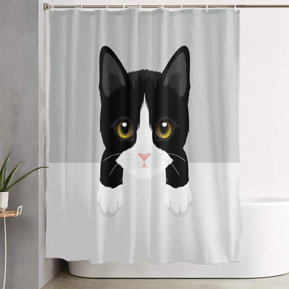 LOKMU 4 Pcs Shower Curtain Sets with Non-Slip Rugs, Toilet Lid Cover and Bath Mat,Animal Cat Tuxedo Baby Black Bow Character Waterproof Shower Curtain with 12 Hooks, Bathroom Decor Sets, 72" x 72"