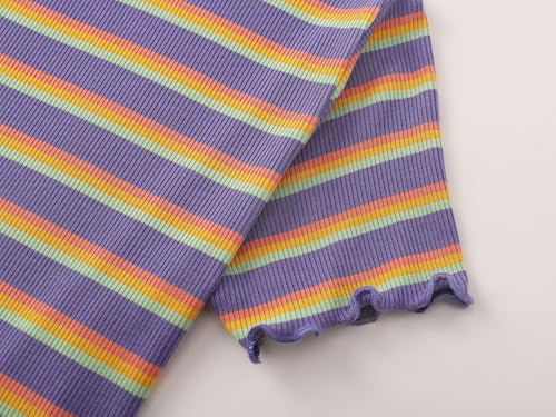 Girls Short Sleeve Shirts Ribbed Knit Lettuce Trim Tee Shirt - Little Girl Green Striped Blouse Size 6-16 5