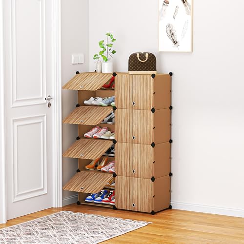 Image of Strassis Design Plastic Shoe Rack for Home | 16 Shelf DIY Shoe Rack with Door Magnets for Home Storage Plastic Box Organizer, Metal Door Frame, Chappal Slipper Sandals Stand (Wood Color)