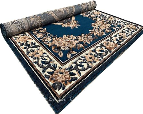 Image of Soft Thick Geometric Acrylic Washable Anti Skid Carpet. for Living Room Bedroom. Hall Size 9 x 12 feet (150X210 Cm) Blue D8
