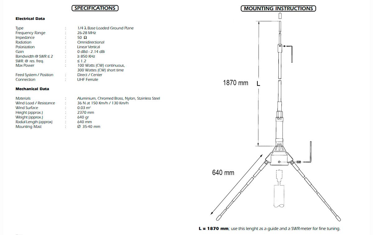 SIRIO Signal Keeper Antenne de base 26...28 MHz - Pas besoin d'étalonnage