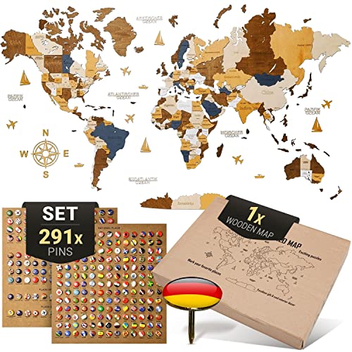 WOW WOOD Premium Wanddeko 3D Weltkarte Holz in Deutsch mit Pins | Werkzeuglose Wandmontage | Eine Geschenkidee für jede Gelegenheit | Wand deko Holz für Wohn- und Büro Deko (Mehrfarbig 120x62 cms)
