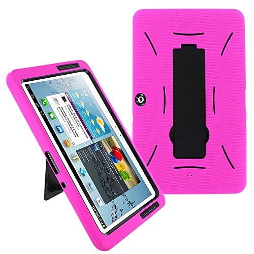 Galaxy Tab 2 10.1 Case KIQ (TM) Heavy Duty Hybrid Silicone Skin Hard Plastic Case Cover w/ Kick Stand for Samsung Galaxy Tab 2 10.1 P5100 (Black / Hot Pink)