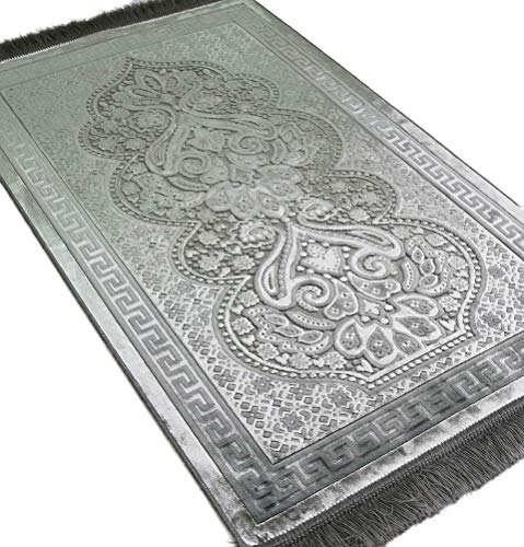 Modefa Velvet Prayer Rug - Soft Plush Turkish Janamaz Sajada Carpet for Men and Women - Plain Solid Prayer Mat Ramadan Eid Gift - with Prayer Beads - Floral Luxury Paisley (Silver Grey)