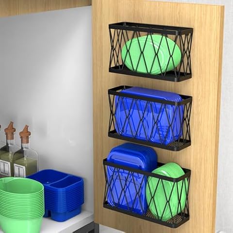 YIGII 3 Pack Adhesive Cabinet Organizer Storage - Lid Organizer Wall Mounted Pantry Door Organizer Bin Holder for Tupperware Lid Kitchen Wall Under Sink Basket Slim Space Black Stainless Steel Cover