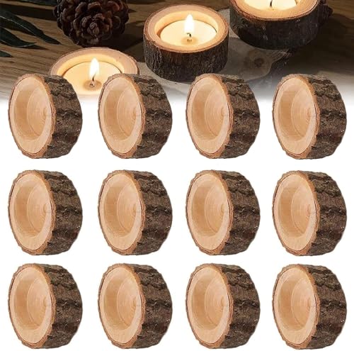 Bougeoirs en Bois, 12 Pièce Photophores en Bois Petits Bougeoirs Decoratif, Cadeaux d'invités Petits Bougeoir Supports pour Bougies Chauffe-Plat, pour Saint Valentin...