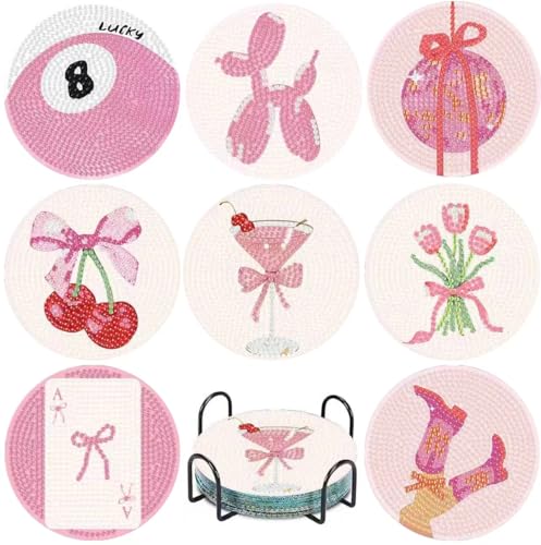 NEGEKFKX 8 Pcs Pink Disco Diamond Art Painting Coasters Kits Coaster with Holder for Adults Non-Slip DIY Dot Paint Craft Kits 5D Full Drill DIY Diamond Dot Gem Art Kit Home Decor Arts Craft