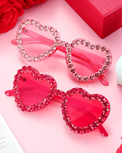 TOODOO 2 Pairs Heart Shaped Rimless Sunglasses Heart Rhinestone Glasses for Women Transparent Heart Glasses2