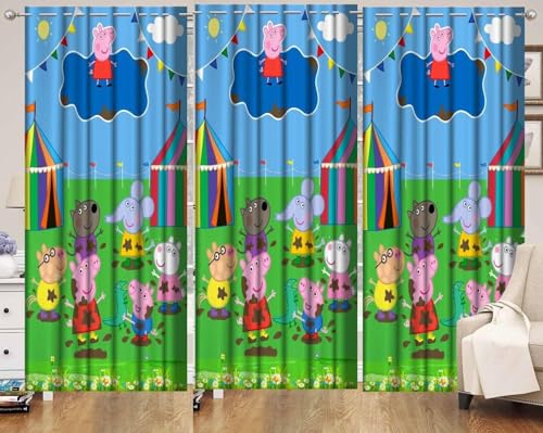 Image of Papa Pig Cartoon Theme Window Curtains for Play School /Kids Room Parde for Decoration, 4x7 feet Long Set of 3 Pc
