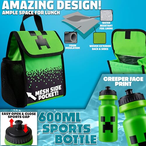 Minecraft Backpack Set 5pcs with Lunch Bag Water Bottle Pencil Case Drawstring Bag or Lanyard Keyring Supplies Gifts For Kids (Green)4
